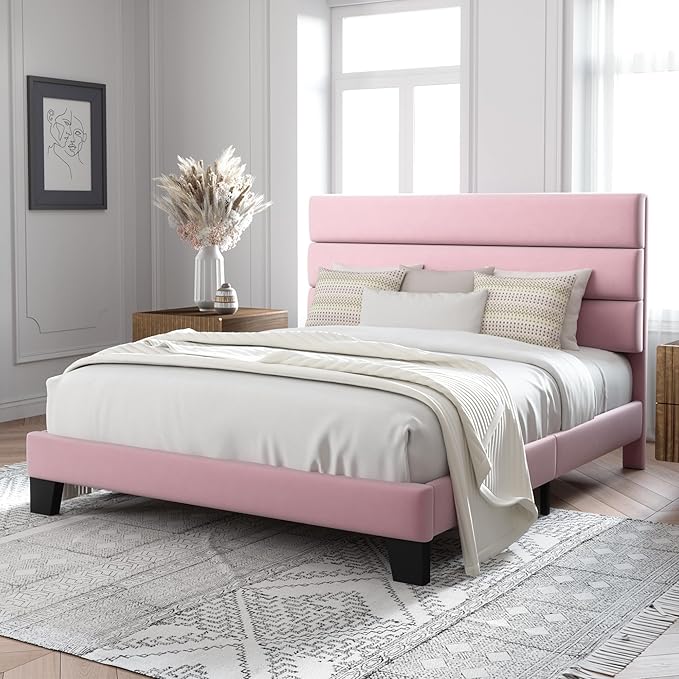 Allewie Full Size Platform Bed Frame with Velvet Upholstered Headboard and Wooden Slats Support, Fully Upholstered Mattress Foundation/No Box Spring Needed/Easy Assembly, Pink