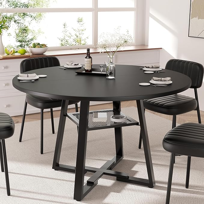 Round Dining Table for 2-4 People,42 Inch Dining Room Table,Modern Circle Kitchen Table with Storage Shelf and Metal Legs for Dining Room,Kitchen,Black (Table Only)