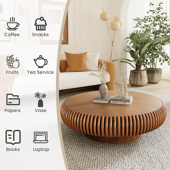 Round Fluted Coffee Table Modern Handcraft Drum Coffee Table with Sturdy Pedestal 31.5" Farmhouse Center Table Tea Table for Living Room, Reception Room, Entertainment Room (Brown 39.37inch)