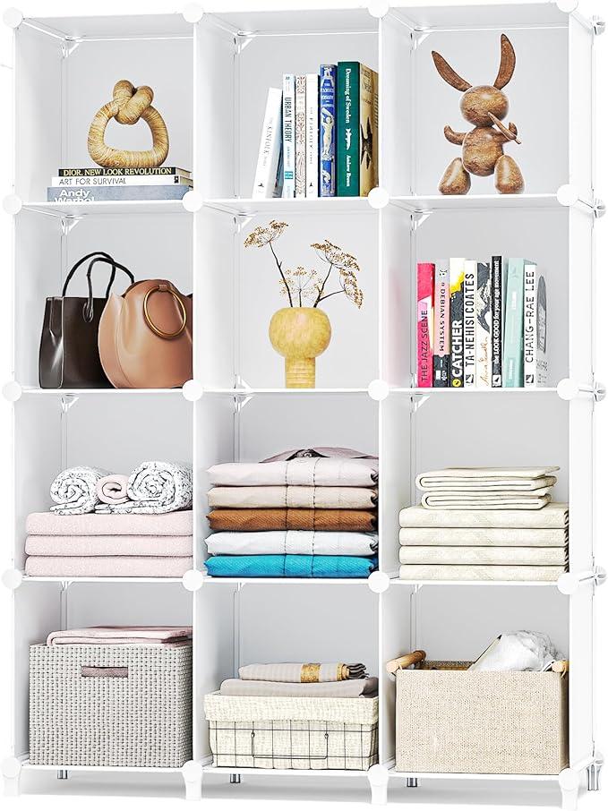 Neprock Closet Organizer, 12 Cubby Storage Organizer,Book Shelf,Clothes Storage,Yarn Storage for Bedroom Organization(White)