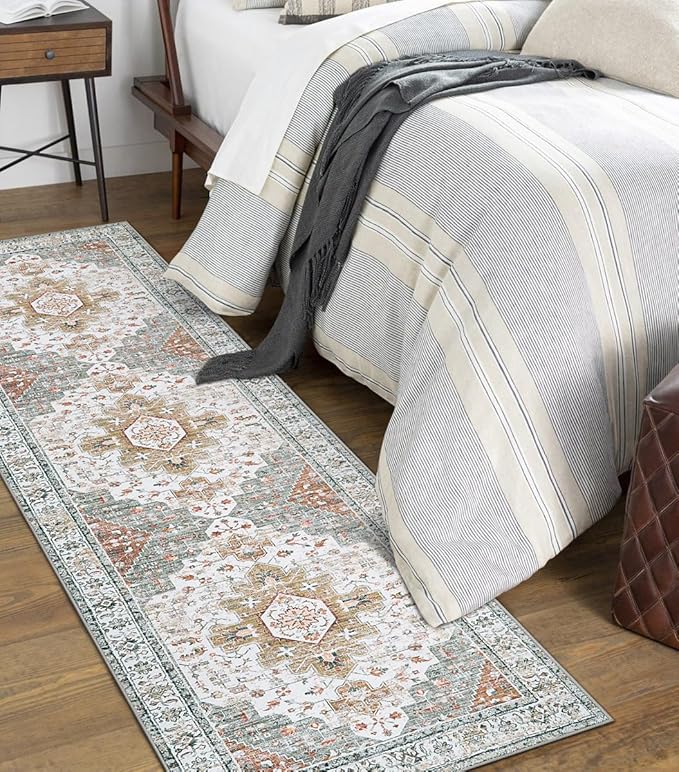 Moynesa Ultra-Thin Washable Runner - 2'6" x 8' Hallway Rug, Kitchen & Bathroom Carpet, Vintage Printed Low Pile Entryway Runner for Apartment, Camper, RV, Beige/Gold