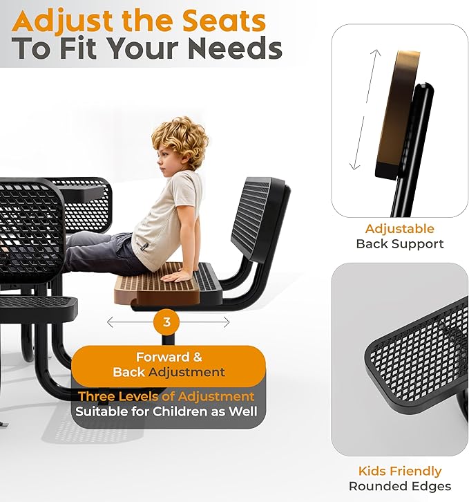 Metal Picnic Tables for Outdoors with Umbrella Hole - Coated Steel Heavy Duty Commercial Grade Furniture with Adjustable Seats (Black, 46 in, Square with Back, Expanded Steel)