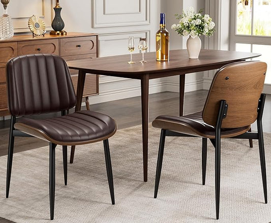 Dining Chairs Set of 2, Mid-Century Modern Upholstered PU Leather Chairs with Walnut Bentwood Back and Metal Legs Adjustable Feet for Kitchen Dining Living Room, Dark Brown Vertical Stripes