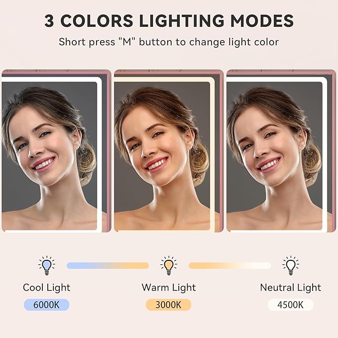 YITAHOME Pink Vanity Desk with LED Mirror: 35 inch Makeup Table with Charging Station, 4 Drawers and Stool, Adjustable Light Dressing Table for Women