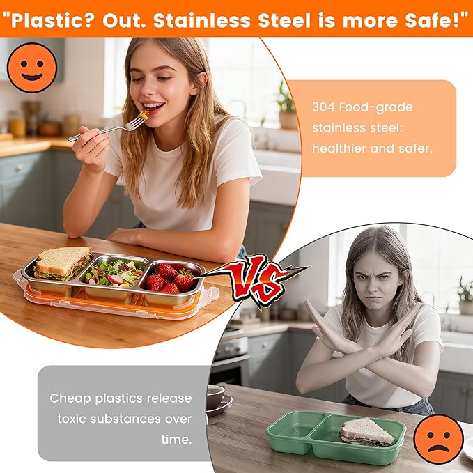 Bandesun Stainless Steel Snack Containers for Kids & Adults, 3 Pack Leek Proof Metal Bento Lunch Box with with lids, Lunchable Containers for Travel, School, Home - Stackable Bento Snack Box