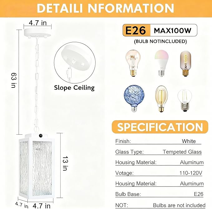 Outdoor Pendant Light Dusk to Dawn, 11'' Porch lights Outdoor Chandelier Hanging Ceiling Lights, White Aluminum Lightshade with Tempered Glass, Exterior Lighting Fixture for Porch Yard, Gazebo, 1 Pack