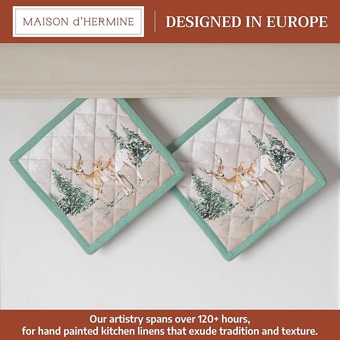 Maison d' Hermine Pot Holders Set 100% Cotton Heat Resistant Potholders 8" x 8" Hot Pads with Loop for Thanksgiving Christmas Decorations BBQ Baking Handling Hot Pans (Pack of 2, Deer in The Woods)