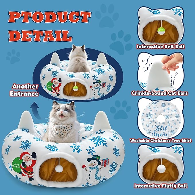 Christmas Cat Tunnel, Cat Tunnel Bed Under Christmas Tree with Hanging Toy Ball, Santa and Snowman Cats Cave Donut Tunnel Christmas Decor, Foldable Kitty Tube Tunnel for Kittens Small Animal
