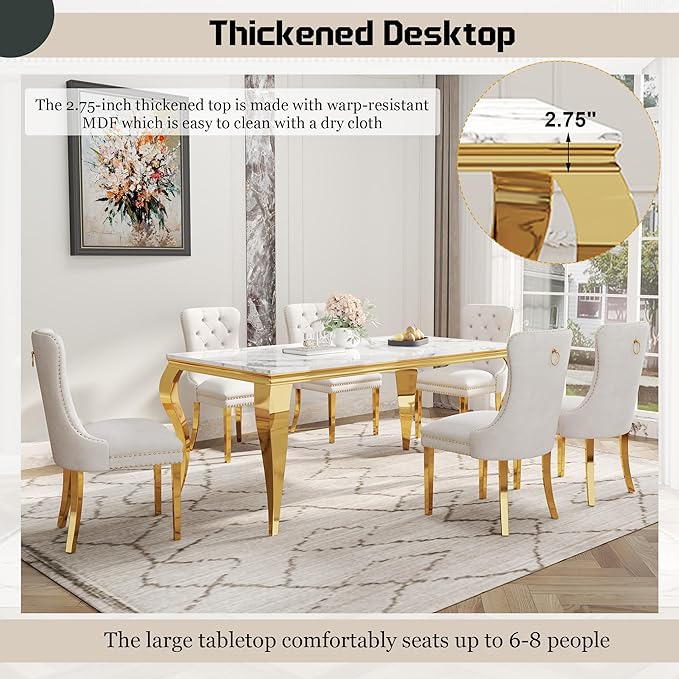 70" Large Marble Dining Table for 4-6 People, Modern Kitchen Table with Faux Marble top and Stainless Steel Legs, Perfect for Home Kitchen Living Room, White,Gold