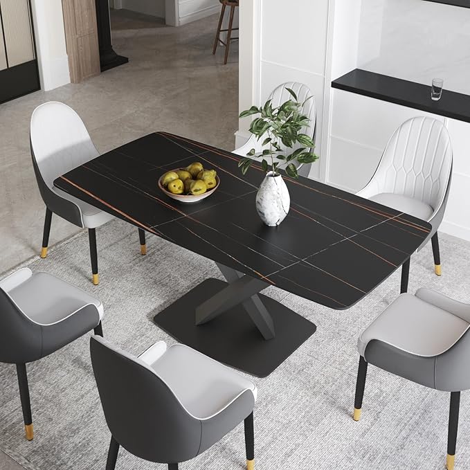 Modern Rectangle Marble Dining Table for 6,71" Black Sintered Stone Top Dining Table,Rectangle Dining Room Table with X-Shape Carbon Steel Pedestal for Kitchen/Living Room(Table Only)