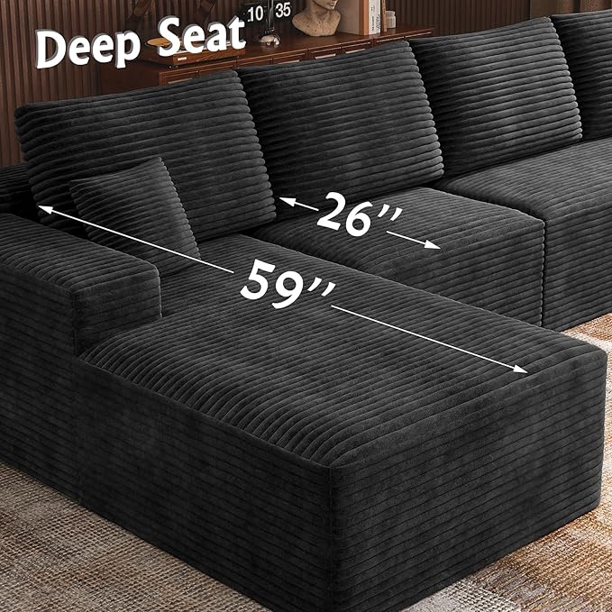 3-Piece Boneless Modular Sectional Sofa, Cloud Couch with Left Facing Chaise, Oversized Deep Seat, Soft Corduroy Fabric, Sectional Couch for Living Room-Black