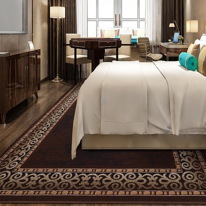 Antep Rugs Alfombras Bordered Modern 5x7 Non-Slip (Non-Skid) Low Pile Rubber Backing Indoor Area Rug (Brown, 5' x 7')