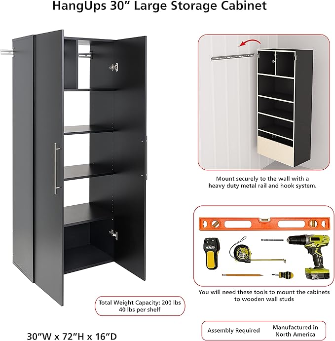 Prepac HangUps 30" Large Garage Cabinet, Bathroom Cabinet Wall Mount, Ideal for Garage, Kitchen and Laundry Organization 30" W x 72" H x 16" D, Light Gray