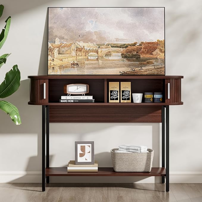 40" Mid Century Modern Entryway Table, Ultra Slim Fluted Console Table with Storage & Sliding Doors, Modern Round Corner Sofa Table, Wooden Entry Table for Living Room, Hallway, Walnut