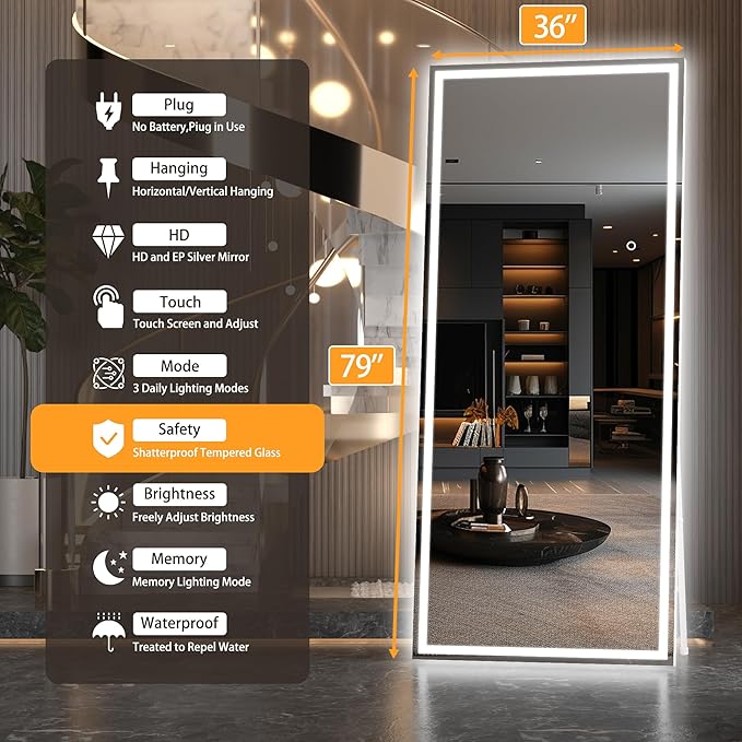 Hasipu Full Length Mirror with Lights, 79" x 36" LED Lighted Floor Standing Mirror, Full Body Dressing Hanging Mounted Mirrors, Dimmable, Tempered Glass, Safe to Use, Square White
