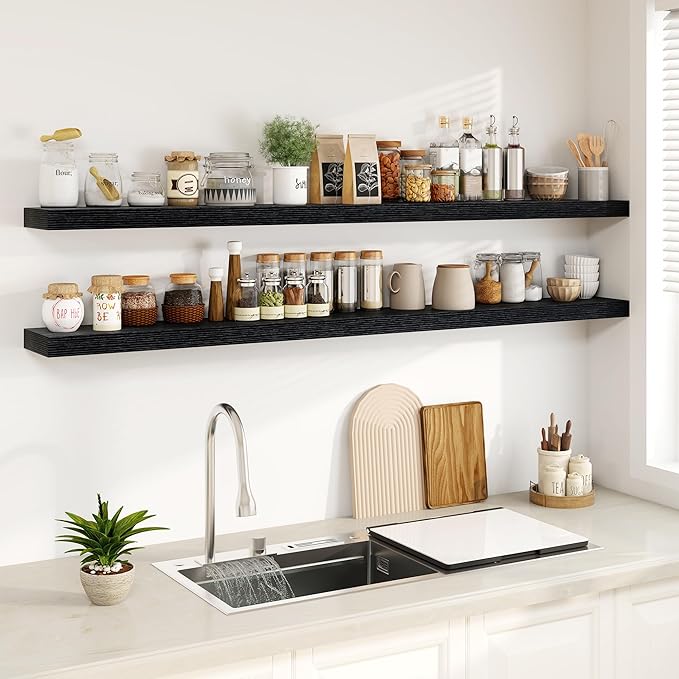 Fun Memories 72Inch Floating Shelves,Wall Mounted Rustic Wood Floating Shelf with Invisible Brackets for Storage & Decor,2 Pack Shelves for Bathroom,Bedroom and Kitchen,Black