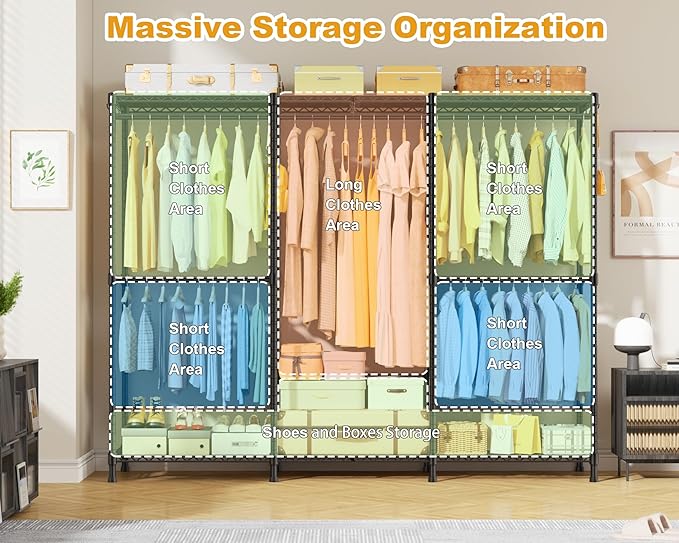 E14 Heavy Duty Clothes Rack，Freestanding Clothing Racks for Hanging Clothes，Adjustable Closet Organizers and Storage，Metal Garment Rack with Shelves 69" W x16 D x77 H，Max Load 960LBS，Black