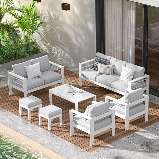 Wisteria Lane Aluminum Outdoor Patio Furniture Set with Footrest, Modern Patio Conversation Sets, Outdoor Sectional Metal Sofa with 5 Inch Cushion and Coffee Table for Balcony, Garden, Light Grey