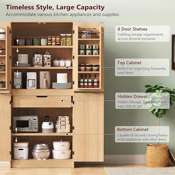 Merax 72" Tall Farmhouse Kitchen Pantry Cabinet with 8 Door Shelves, Curved Design Storage Cabinet with 3 Adjustable Shelves, Hidden Drawer, Versatile Cupboard for Kitchen, Dining & Bathroom, Natural