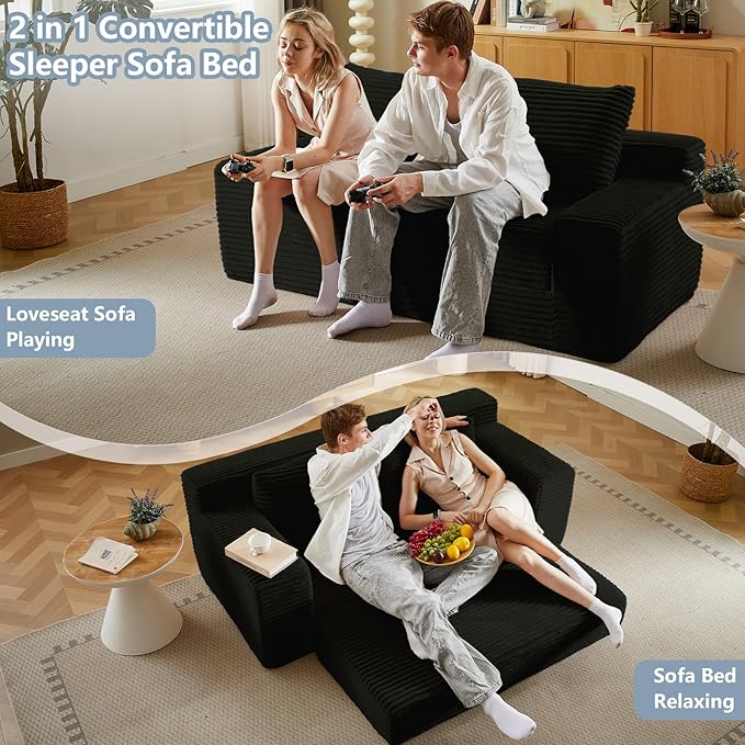 70.87" Loveseat Sofa Bed - Corduroy Upholstered, Comfy Deep Seat & Modern Design - Small Space Friendly, No Assembly Needed - Ideal for Living Room, Bedroom, Apartment, Home Office,Black