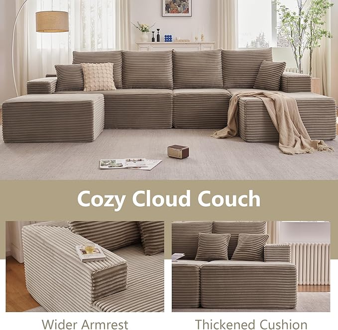 135" U-Shape Cloud Couch, Modern Modular Sectional Comfy L-Shape Sofa with Ottoman, Deep Seat, Upholstered Corduroy Sleeper Chaise Longue for Living Room Bedroom, No Assembly Required, Camel