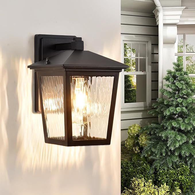 Wall Light, Exterior Waterproof Sconce in Black, Anti-Rust Light Fixture with Water Glass, Modern Outdoor Lantern for House Balcony Entryway Garage