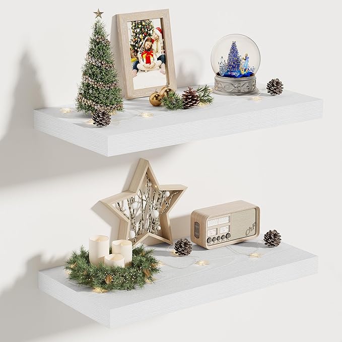 Vivelove 10 in Deep Floating Shelves for Wall, 16" x 10.2" x 1.5" Shelves for Room Wall Mounted, 1.5 Inch Thick Shelf for Bathroom Bedroom Kitchen Book Room, Modern Farmhouse Decor, Set of 2, White