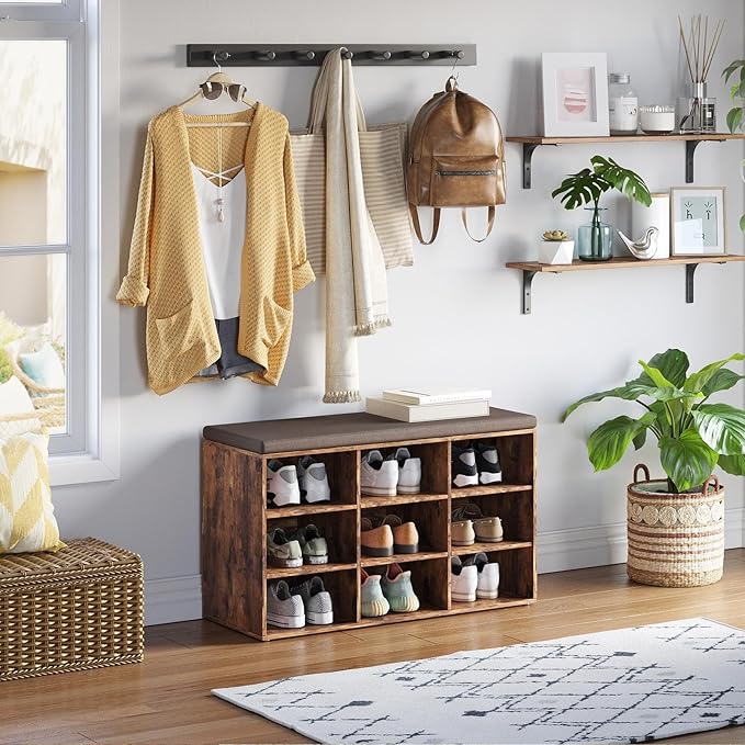 DINZI LVJ Long Wall Shelves, 31.5Inch Wall Mounted Shelves Set of 4, Extra Large Floating Storage Ledges with Sturdy Metal Brackets for Living Room, Bathroom, Bedroom, Kitchen, Rustic Brown