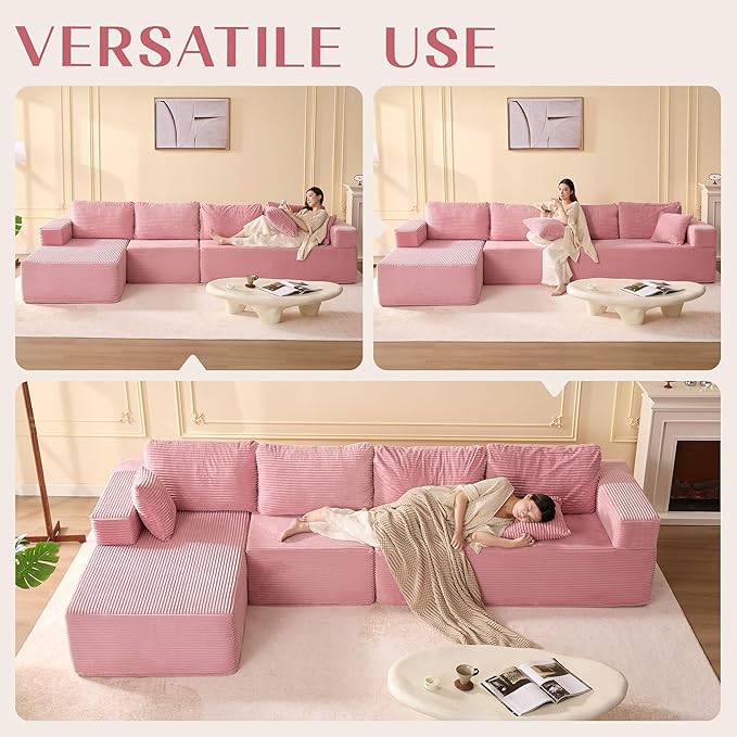 138" Boneless Couch with Deep Seat, Modular Sectional Sofa, Cloud Sectional Couch for Living Room, No Assembly Required, Corduroy, 4 Seater L-Shape Left, Pink