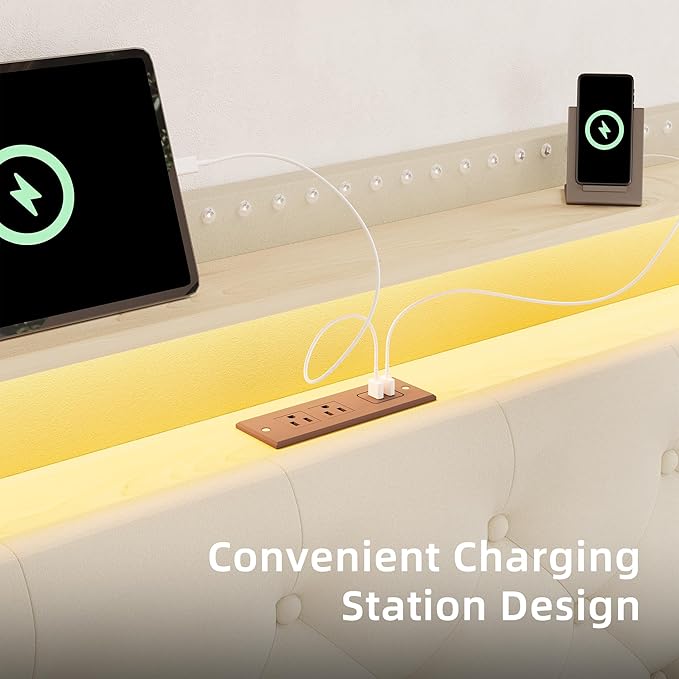 BRELTAM King Size Bed Frame with LED and Charging Station Upholstered Velvet Bed Frame with 4 Storage Drawers, Platform Bed Frame and Headboard Heavy Duty Wood Slats, Noise Free, Easy Assembly, Beige