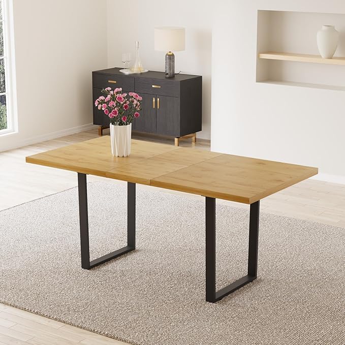 ZckyCine Modern Rectangular Dining Table for 4-6, Adjustable Wood Table with Metal Legs, Kitchen or Dining Room Table