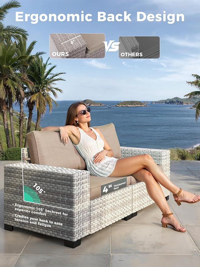 13 Piece Outdoor Wicker Rattan Sectional Sofa Set with Swivel Chairs & Fire Pit Table, 9-Seats with 4" Thickened Cushions & Coffee Table, All-Weather PE Rattan for Garden, Backyard, Porch, Beige