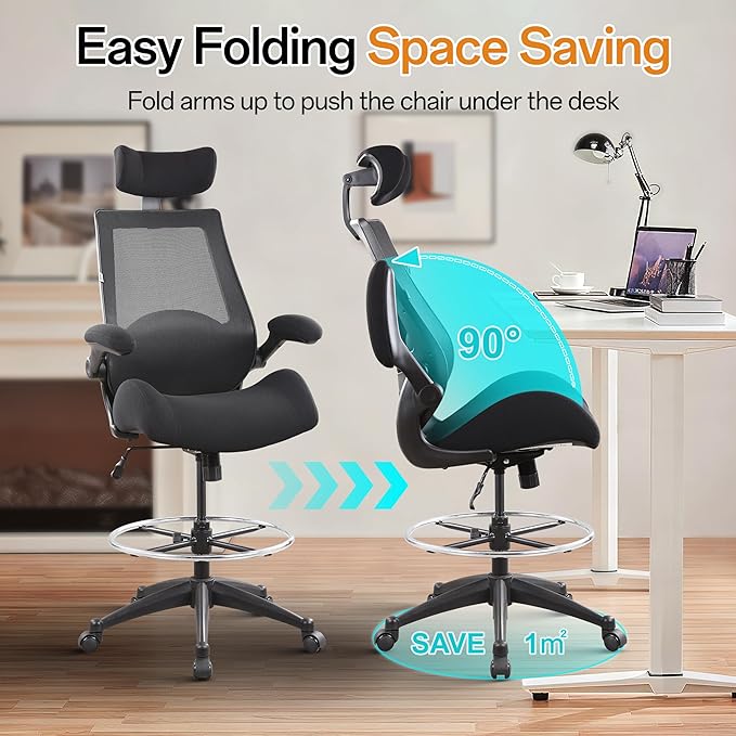 BOLISS 400lbs High Back Wide Comfortable Office Drafting Chair with Flip up Armrests Lumbar Support Adjustable Big Footrest Ring(Black)