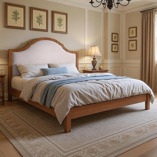 Jocisland Full Size Bed Frame with Tall Upholstered Curved Headboard, Solid Wood Platform Bed, No Box Spring Needed, Wood Slat Support, Easy Assembly, Walnut