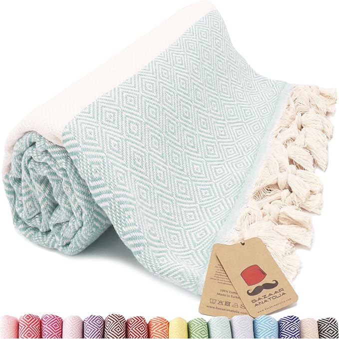 Bazaar Anatolia Turkish Beach Towel – 100% Cotton, Quick Dry, Sand Free Towel for Bathroom, Camping, Travel, Teal – Oversized 71x39 Inches – Diamond Mint