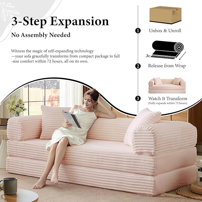 Boneless Couch Sofa Bed Sectional Couches for Living Room,Futon Cloud Couch with Sleeper Sofa,Sofas for Living Room Oversized Corduroy Upholstered (Pink)