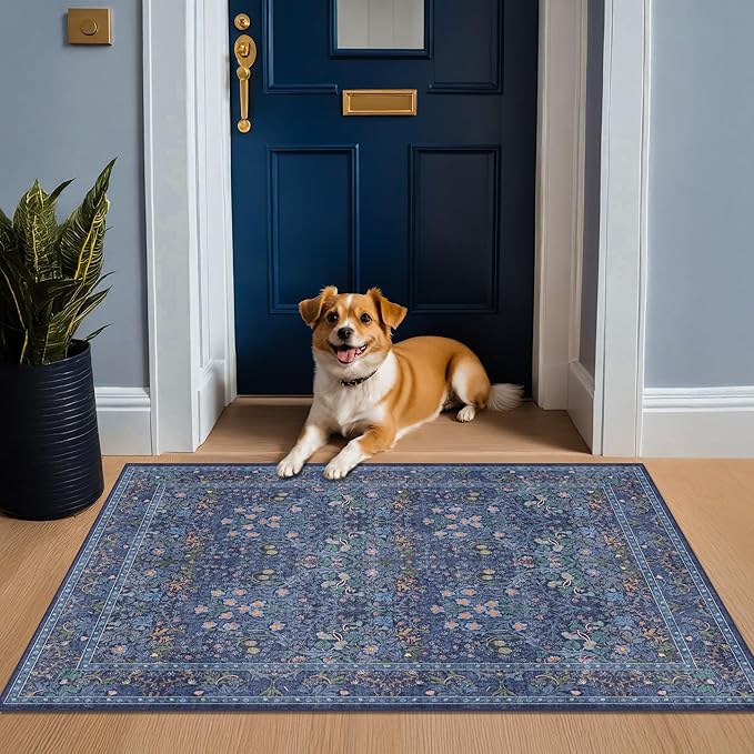 Vintage Dark Blue 3x6 Area Rugs for Large Entryway, Bedroom Beside Rug, Kitchen, Laundry Room, Non-Slip Low Pile Ultra Soft Stain Resistant Small Floral Carpet