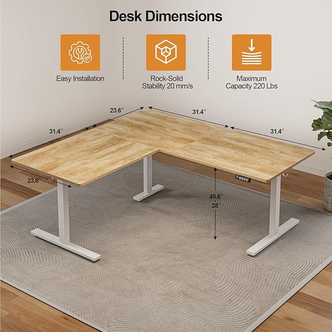 Grandder 63 x 55 Inch L Shaped Standing Desk, Electric Height Adjustable Corner Stand Up Desk, Sit Stand Corner Table Home Office Table, Oak Top White Frame
