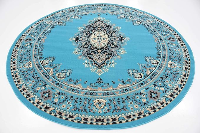 Unique Loom Reza Collection Traditional Persian Style Area Rug, 8' 0" x 8' 0", Turquoise/Ivory