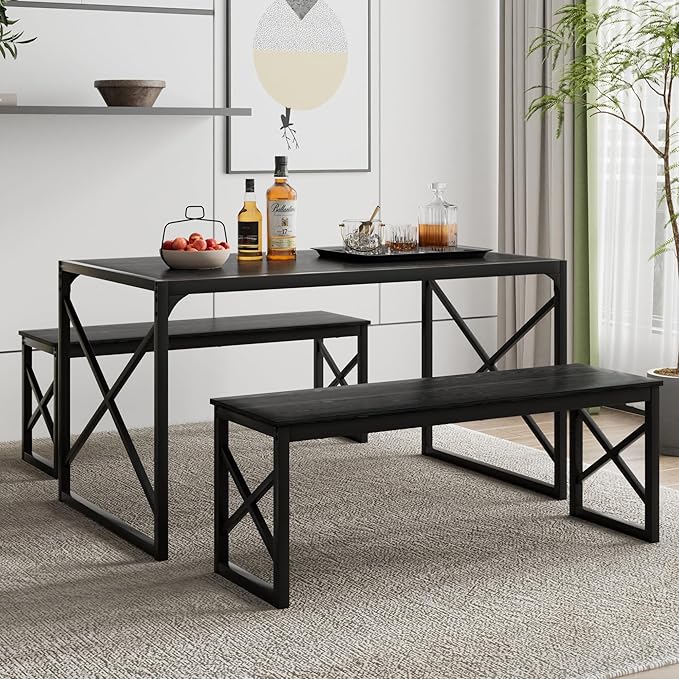 VECELO Kitchen Dining Table Benches Set for 4, 55" Wooden Dinette with 2 Benches, Heavy-Duty Dining Room Table for Small Space, Breakfast Nook, Black