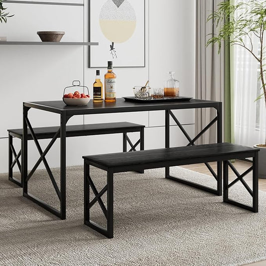 VECELO Kitchen Dining Table Benches Set for 4, 55" Wooden Dinette with 2 Benches, Heavy-Duty Dining Room Table for Small Space, Breakfast Nook, Black