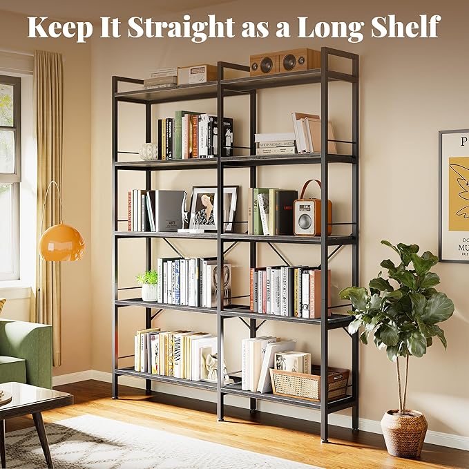Huuger 5 Tier Bookshelf, L Shaped Corner Bookshelf with 10 Open Shelves, 49.4 Inch Straight Wide Bookcase with Metal Frame and Wooden Board, Adjustable Feet, Grey