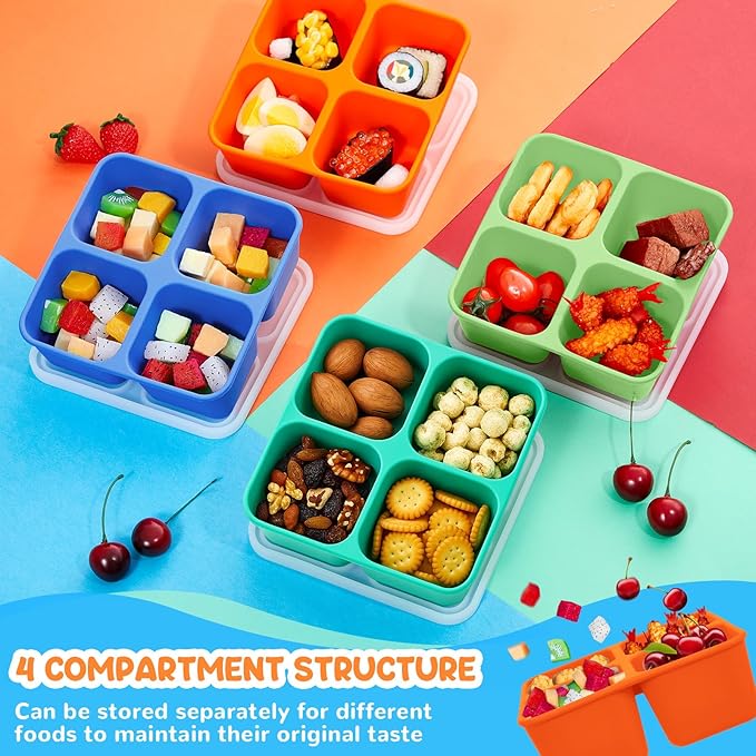 Roshtia 4 Pack Silicone Food Containers with Lids, Reusable Packs Bento Lunch Box for Meal Prep Food Storage, Microwave Dishwasher Safe (4 Compartment,Light)