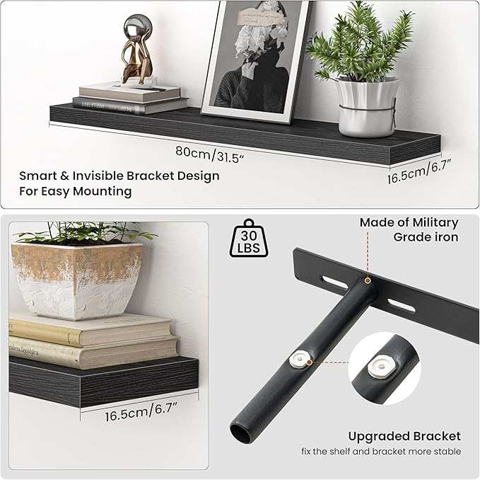 Heimlove Floating Shelves for Wall 32 Inch,Mounted Storage Wood Shelves with Invisible Brackets Hanging Shelf for Bedroom Living Room Kitchen Office,Set of 2,Black