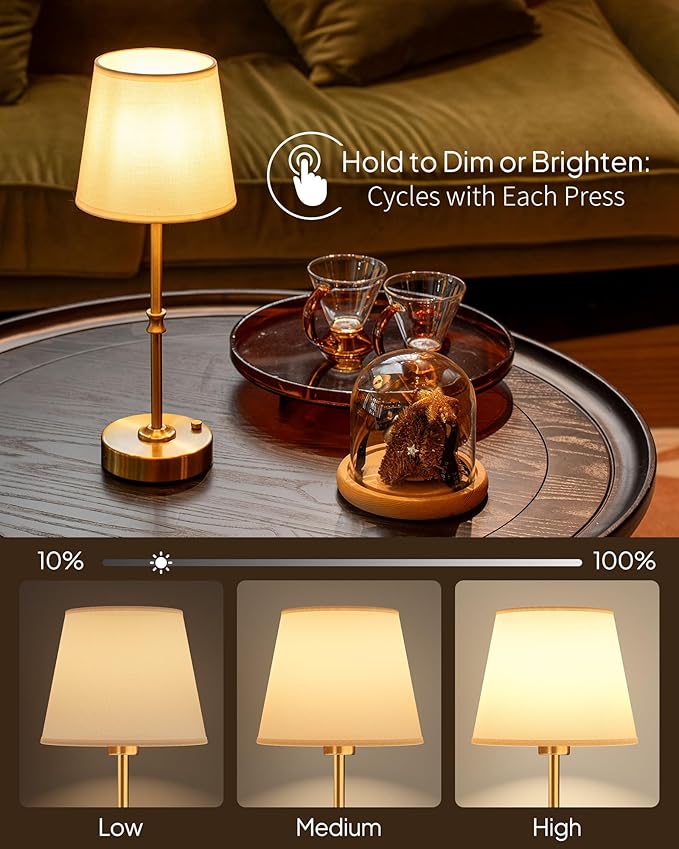 EppieBasic Cordless Table Lamp Rechargeable: Fast Charging & Long Lasting - 2700K Warm Light Vintage Gold Lamps for Women Housewife - Dinning Living Room Bedroom