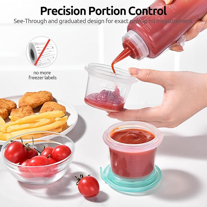 U-Taste 2oz×2 Silicone Food Containers Set: Mini Kitchen Storage with Airtight Lid, Freezer & Microwave Safe, Dip Box with Date Marking Circle, Clear Stackable for Nut, Sauce, Condiment (Aqua Sky)