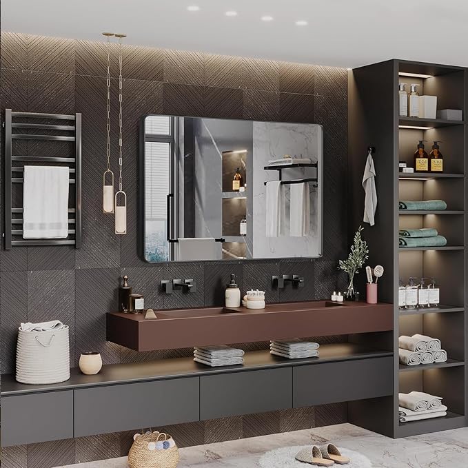 Black Framed Mirrors for Bathroom,48 x 30 Inch Rounded Conner Rectangle Mirror for Wall, Matte Black Vanity Mirror with Tempered Glass,Anti-Rust,Hangs Horizontally or Vertically