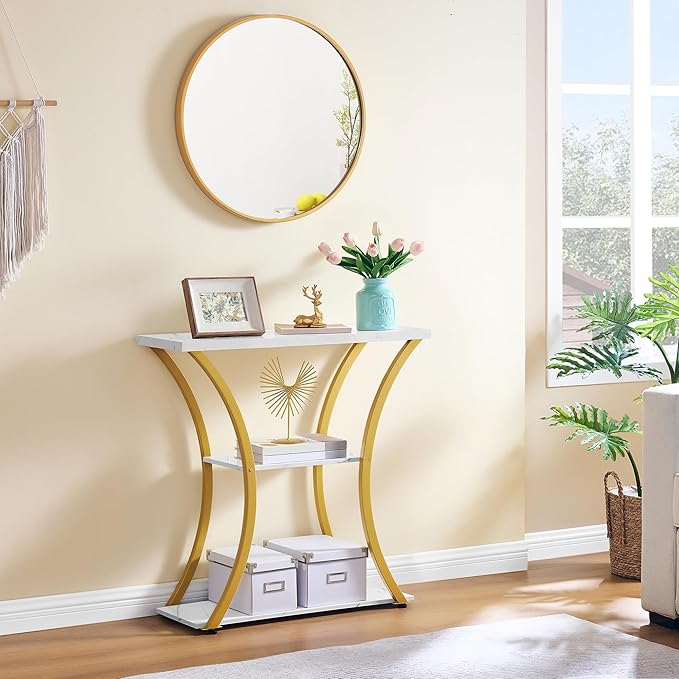 Hoctieon 3 Tier Console Table with Open Wood Shelves, Decorative Entryway Table with Curved Metal Frames, Narrow Sofa Table for Entrance, Living Room, Hallway, Gold and White Marbled