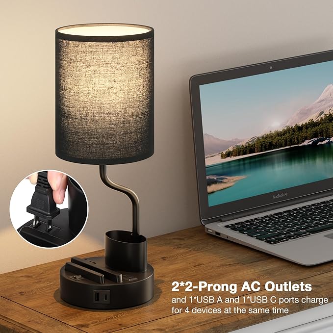 Black Bedside Table Lamps for Bedroom Set of 2 - Nightstand Light with AC Outlet and USB A & C for Charging, 3 Color Temperatures Desk Lamp with Pen Holder & Phone Stand for Living Room/Dorm/Office