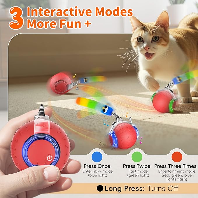 UPSKY Interactive Cat Toy Ball for Indoor Cats, Automatic Moving Electric Rolling Cat Ball Toy, 3-Speed Modes Smart Kitten Toys with Sounds, USB Rechargeable & Sturdy for Bored Kittens/Adult Cats